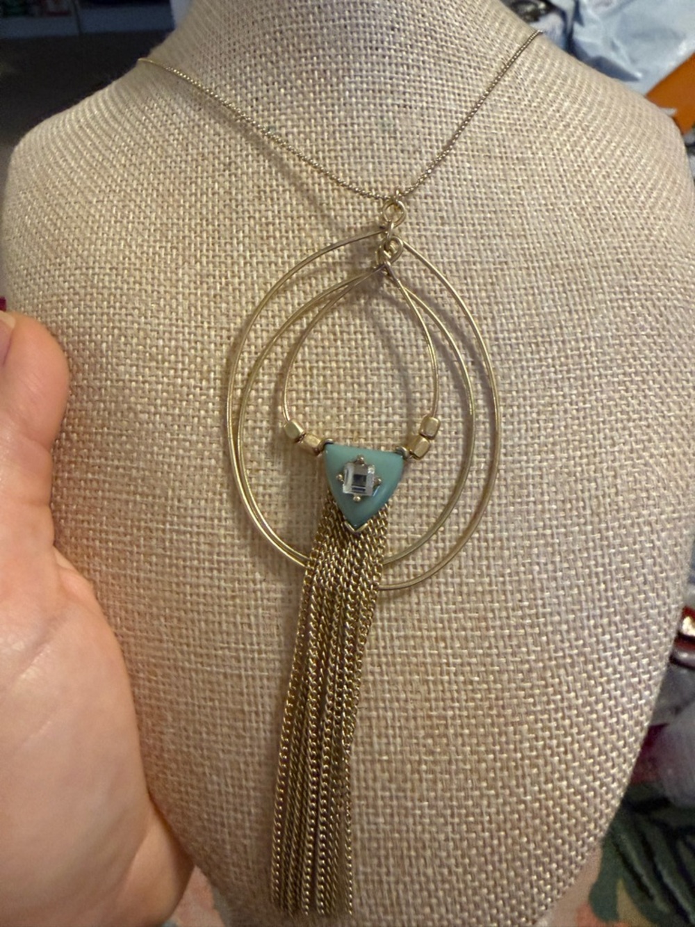 Gold-Tone Teal Triangle Pendant Tassel Necklace